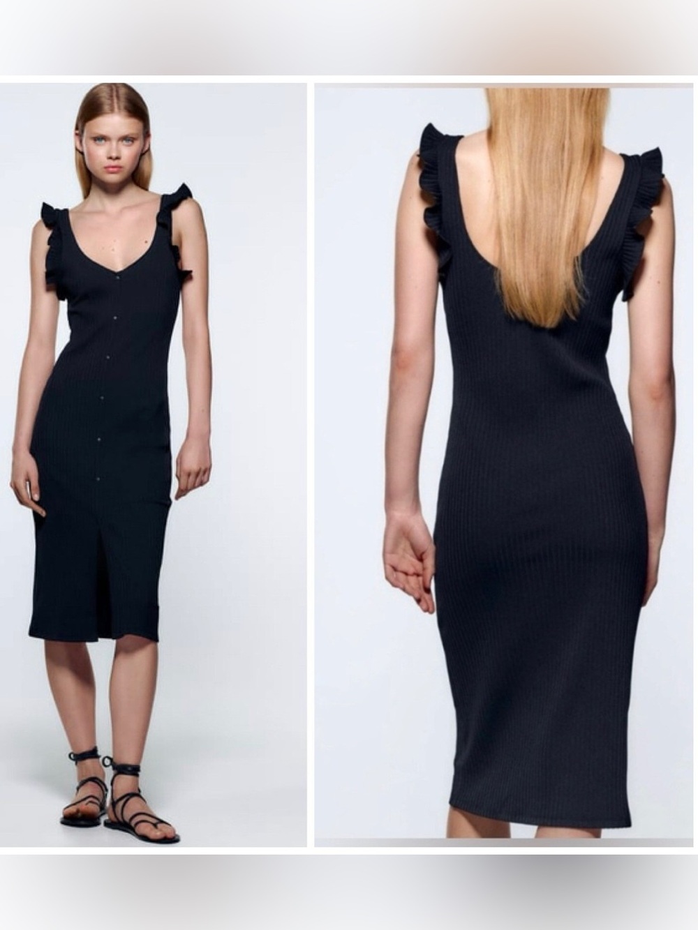 Zara Black Ruffle Strap Ribbed Midi Dress M